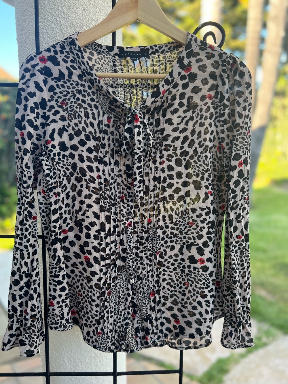 Sanctuary Pintuck Tie-Neck Animal Print Blouse - Size Small, Sheer, cream, black